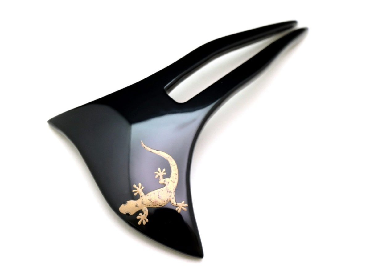 家守（ヤモリ）のかんざし｜家を守る縁起物、木製漆金蒔絵かんざし