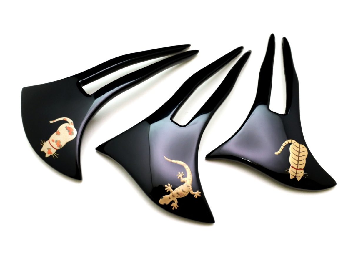 家守（ヤモリ）のかんざし｜家を守る縁起物、木製漆金蒔絵かんざし