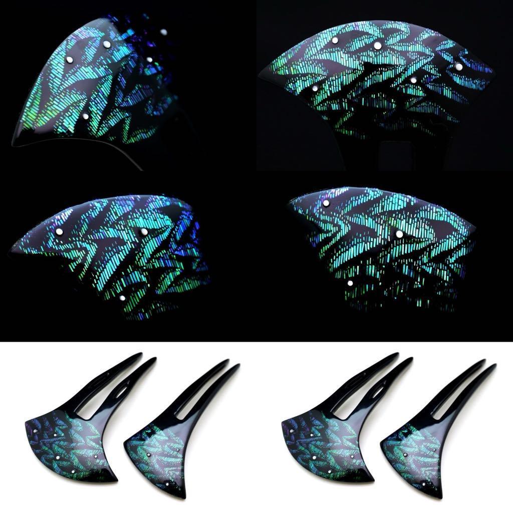 蒼翠色に美しく輝く螺鈿かんざし2025｜木製オーロラ煌めく簪