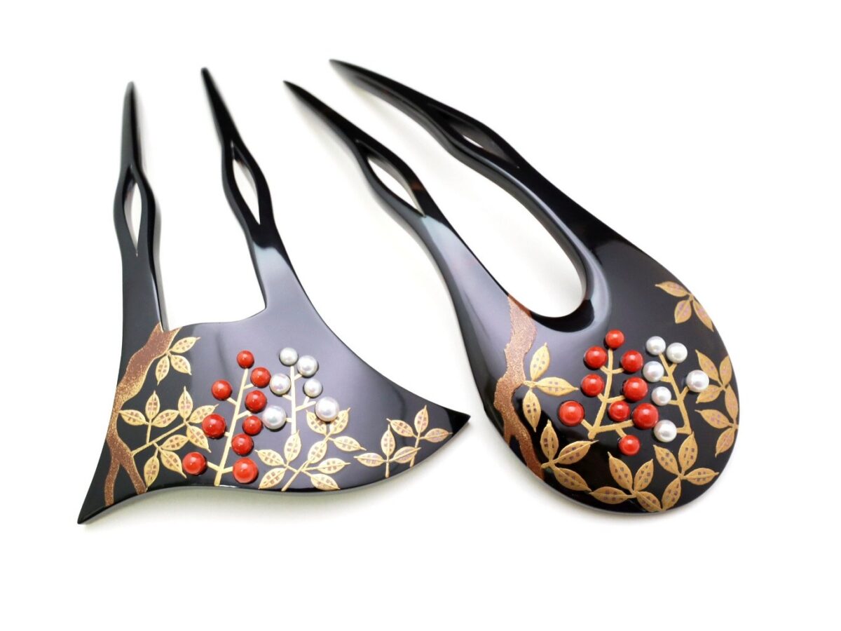 べっ甲南天螺鈿金蒔絵かんざし｜結婚式、留袖、訪問着にお勧め