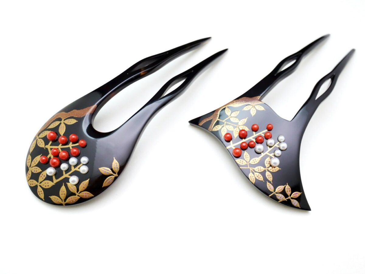 べっ甲南天螺鈿金蒔絵かんざし｜結婚式、留袖、訪問着にお勧め