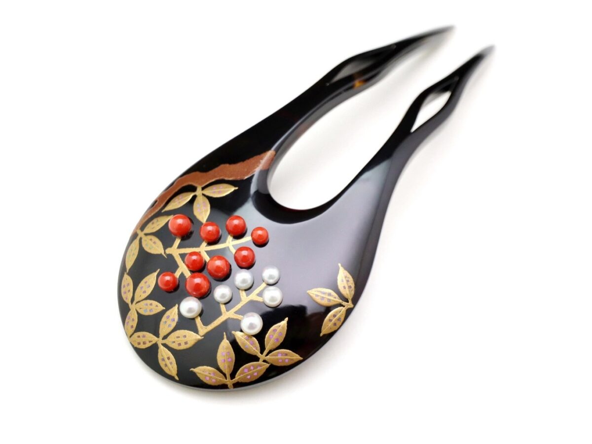 べっ甲南天螺鈿金蒔絵かんざし｜結婚式、留袖、訪問着にお勧め