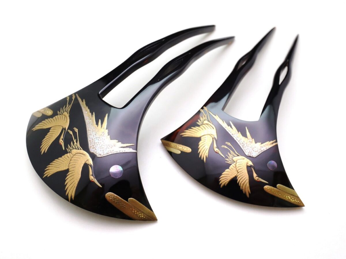 黒留袖、結婚式に｜べっ甲夫婦鶴富士山螺鈿金蒔絵かんざし2026