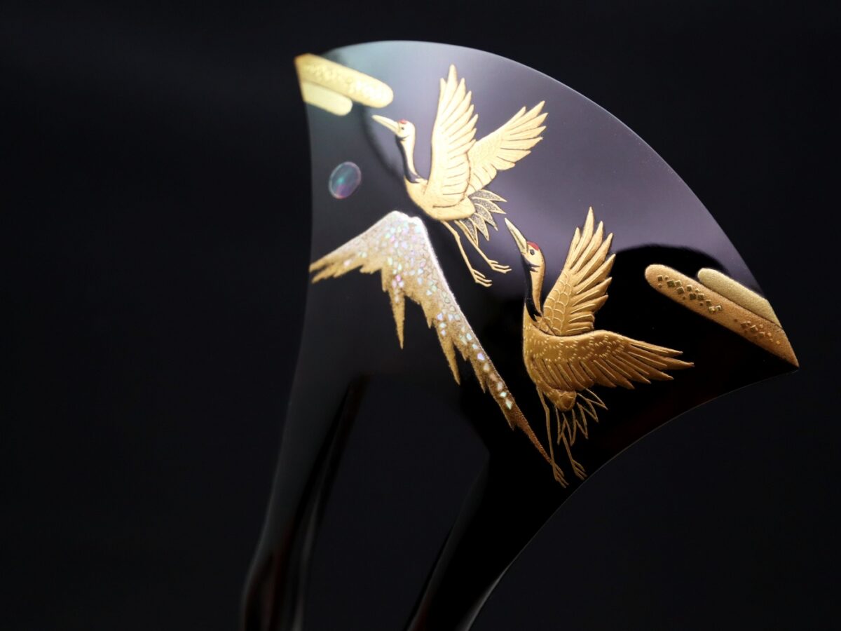 黒留袖、結婚式に｜べっ甲夫婦鶴富士山螺鈿金蒔絵かんざし2026