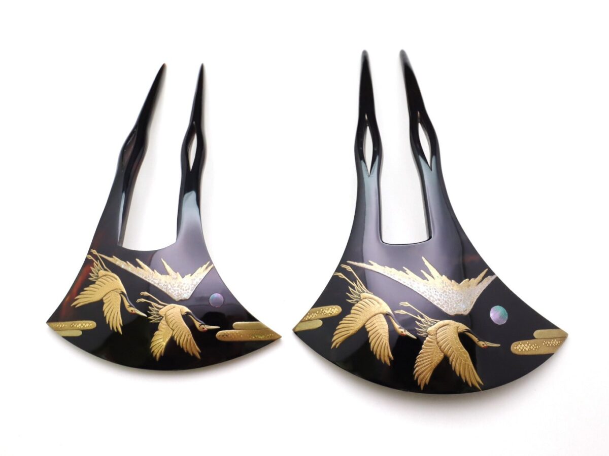 黒留袖、結婚式に｜べっ甲夫婦鶴富士山螺鈿金蒔絵かんざし2026