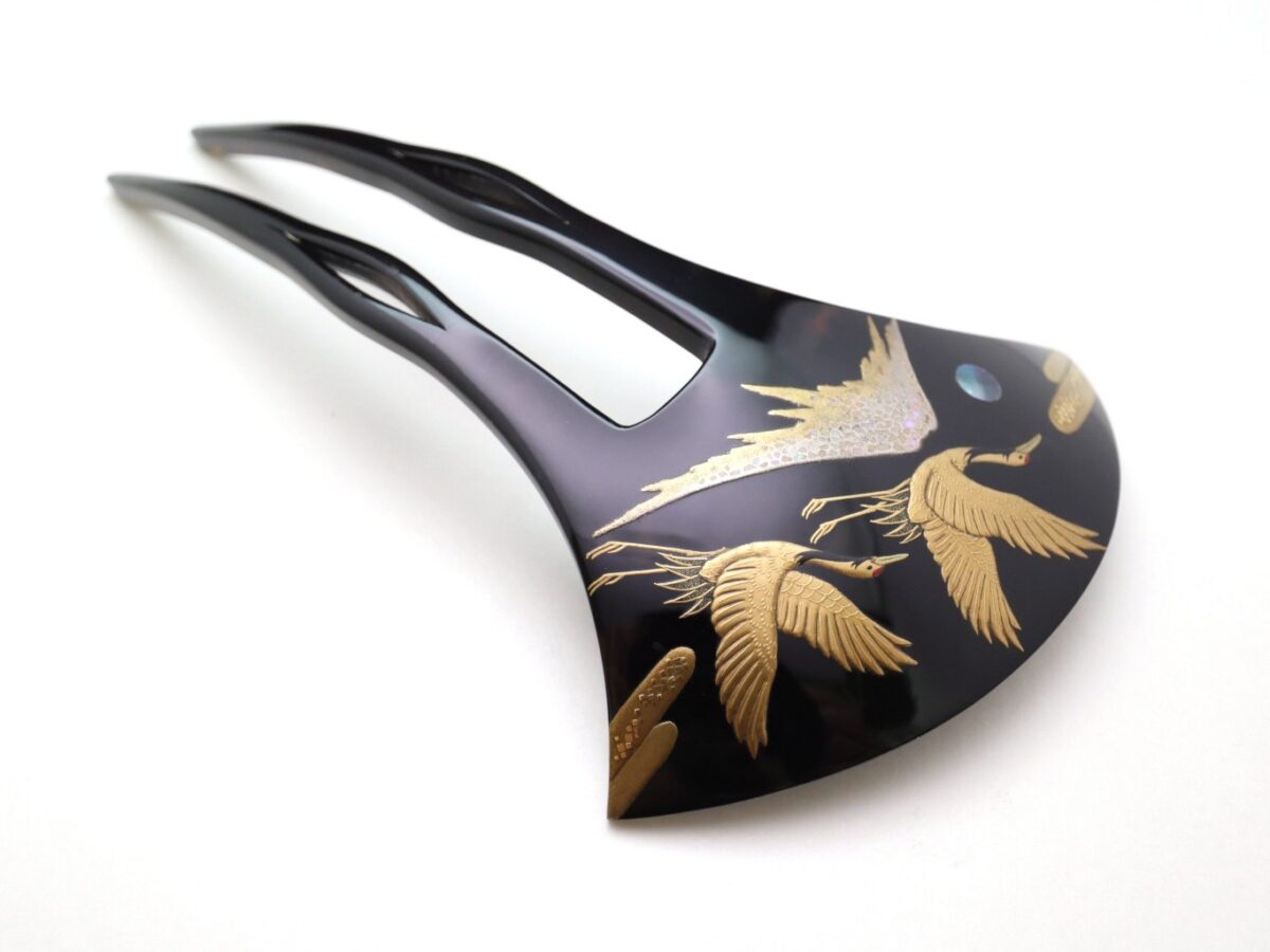 黒留袖、結婚式に｜べっ甲夫婦鶴富士山螺鈿金蒔絵かんざし2026