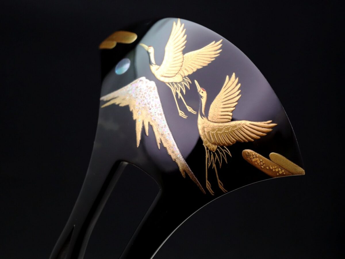 黒留袖、結婚式に｜べっ甲夫婦鶴富士山螺鈿金蒔絵かんざし2026