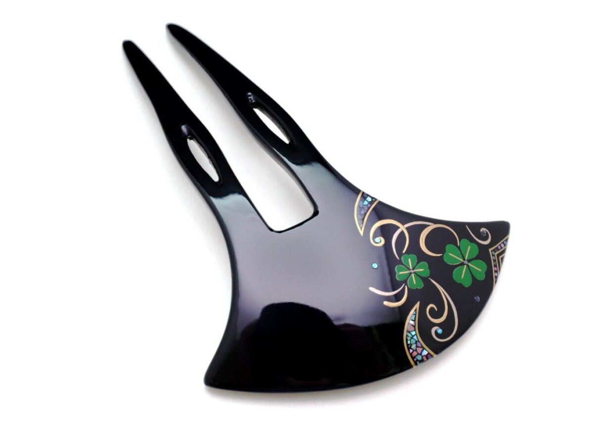 幸運の四つ葉のクローバーかんざし｜木製漆螺鈿金蒔絵かんざし