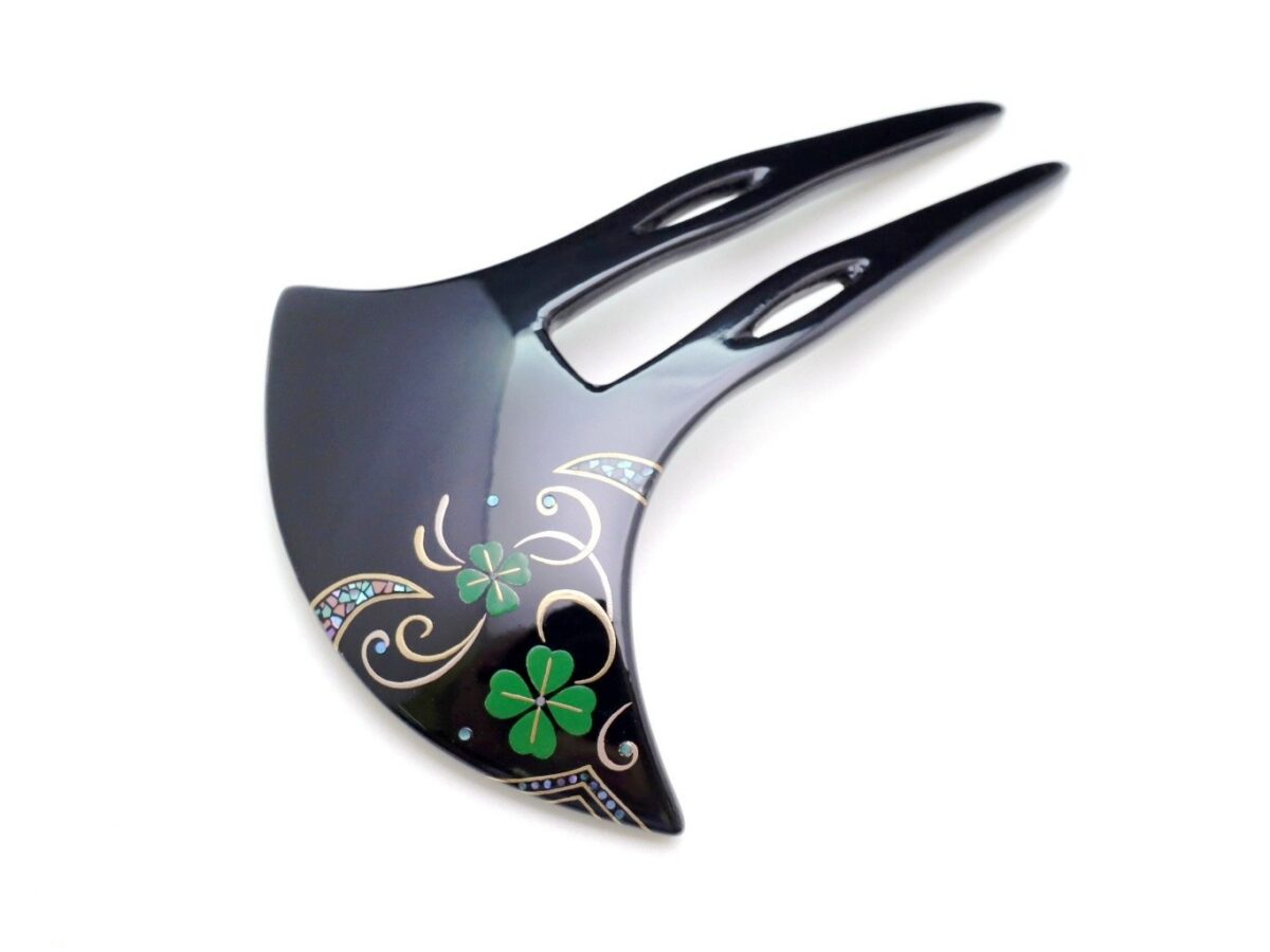 幸運の四つ葉のクローバーかんざし｜木製漆螺鈿金蒔絵かんざし