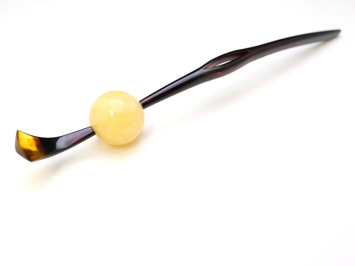 べっ甲カービング玉かんざし｜バルティックアンバー、アラゴライト