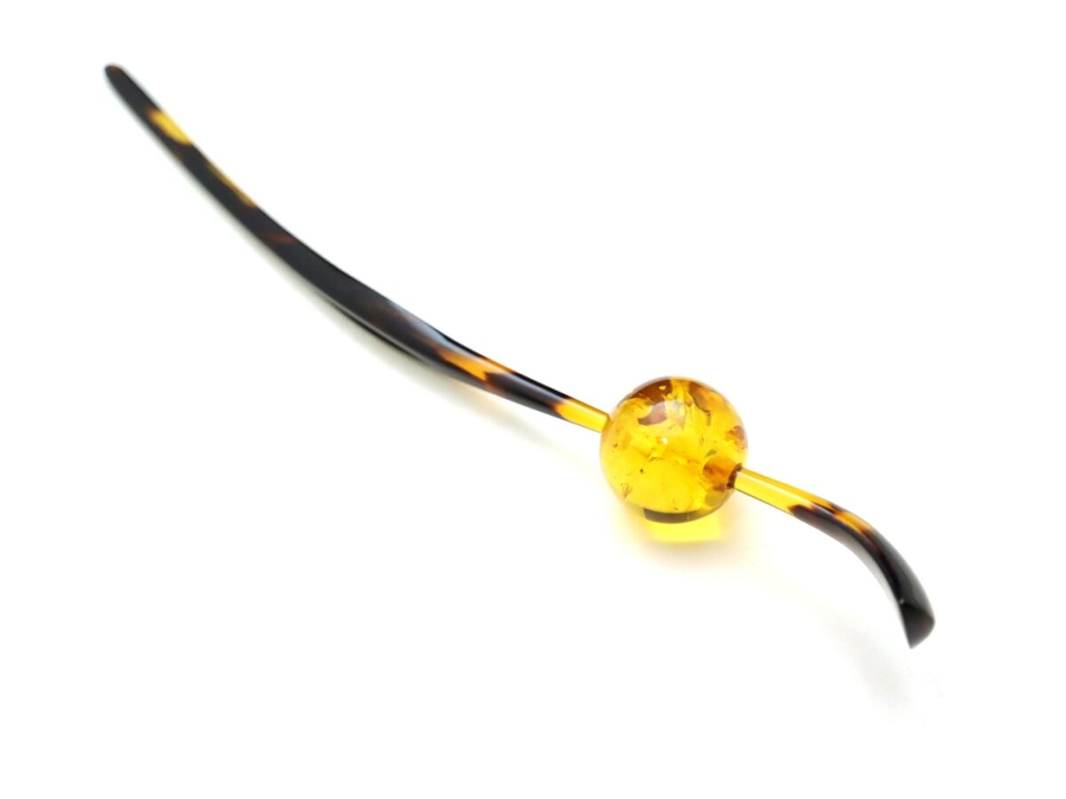 べっ甲カービング玉かんざし｜バルティックアンバー、アラゴライト