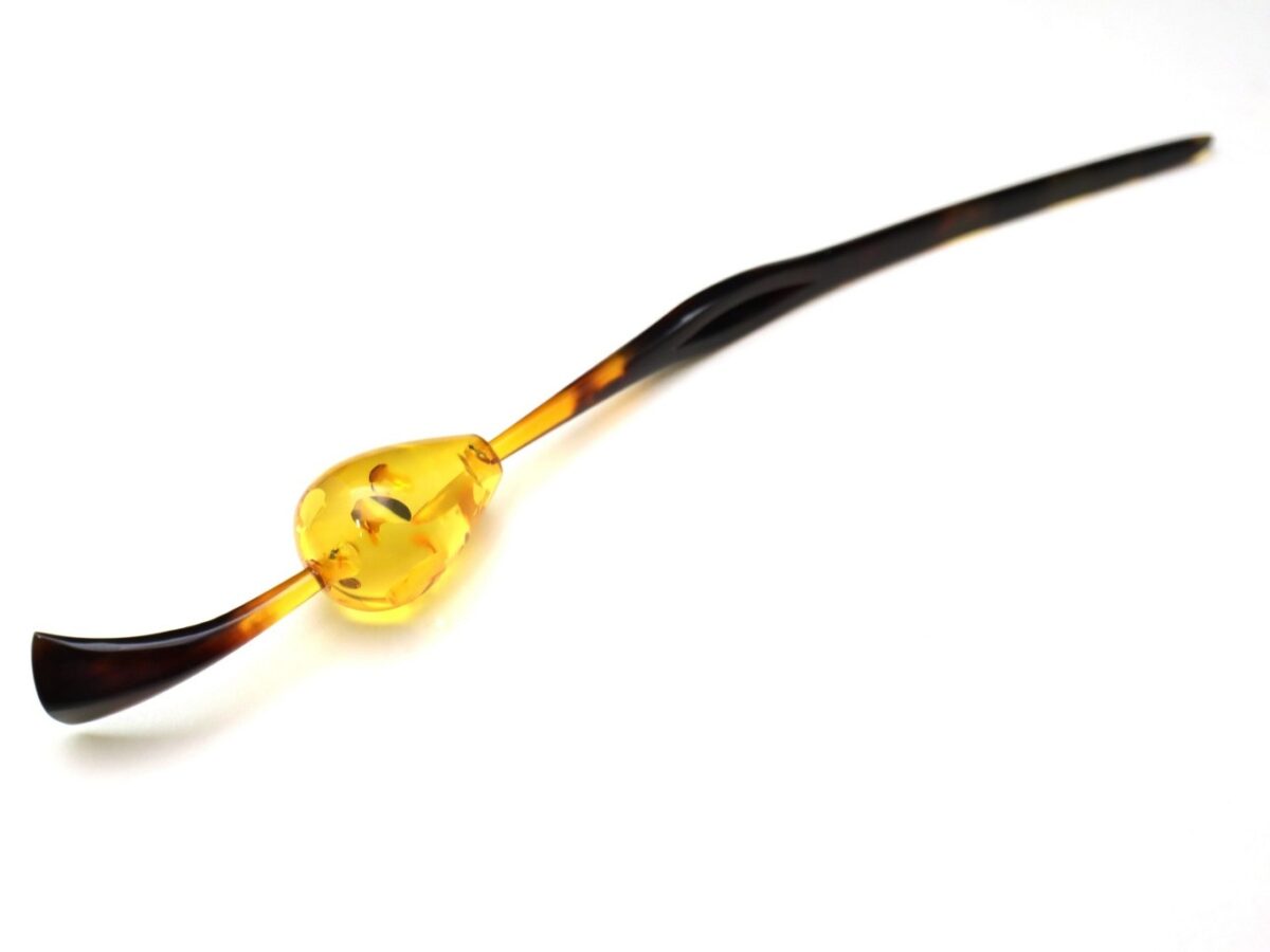 べっ甲カービング玉かんざし｜バルティックアンバー、アラゴライト