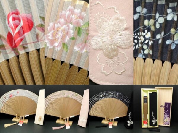 扇子セット|婦人用2026・3種|日本製絹の扇面に手描きの花々、贅沢な六十間短地扇子