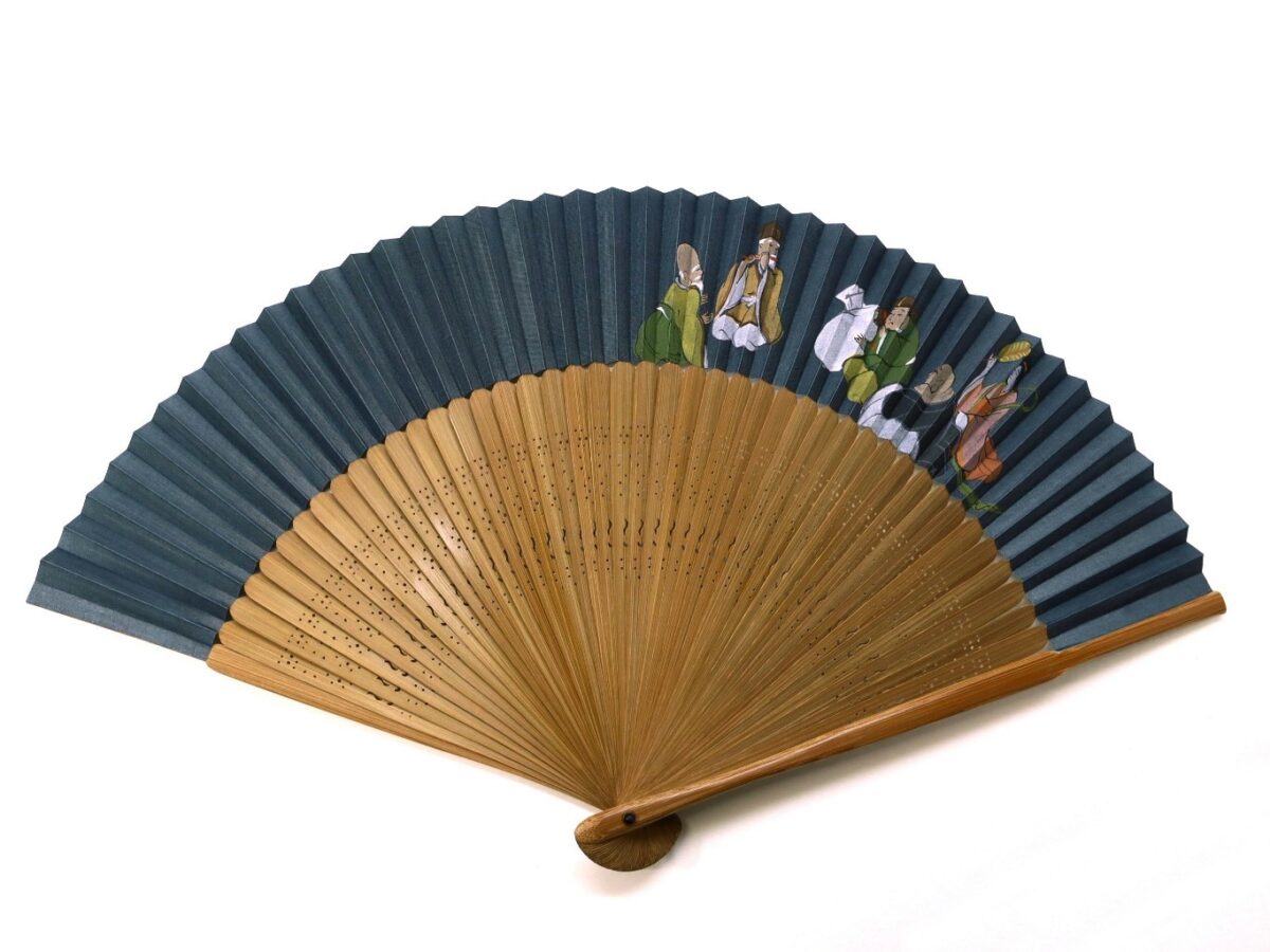 紳士用両面手描き七福神扇子｜高級絹張り招福短地扇子、海外ギフト