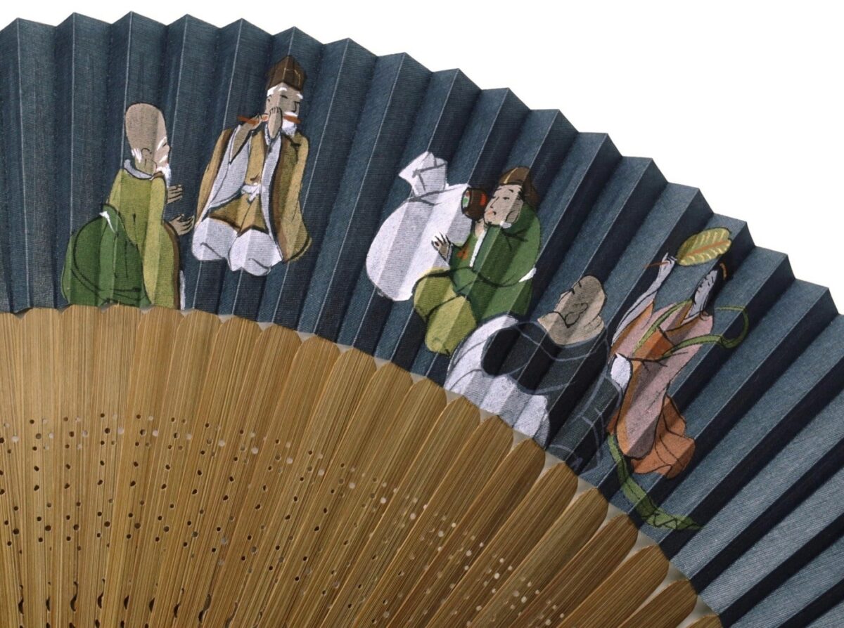紳士用両面手描き七福神扇子｜高級絹張り招福短地扇子、海外ギフト