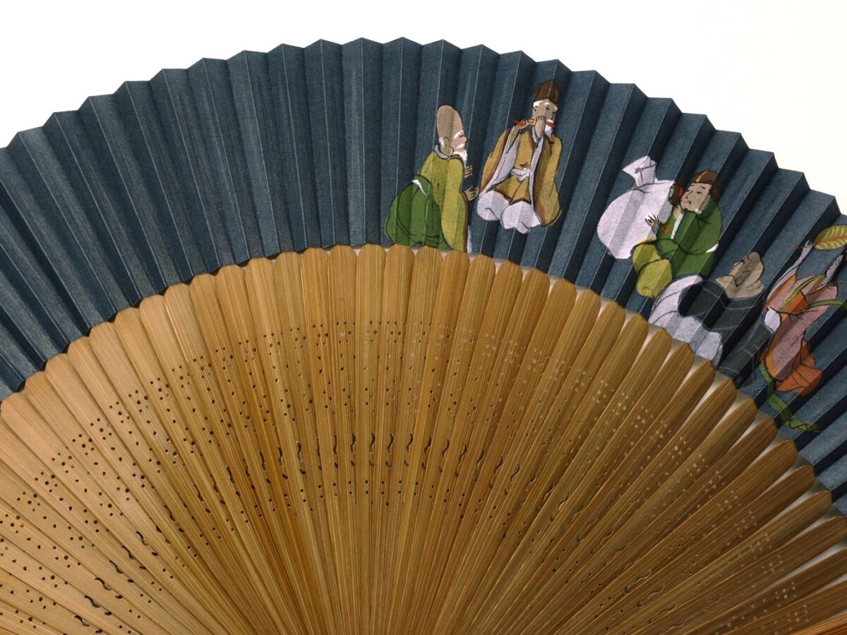 紳士用両面手描き七福神扇子｜高級絹張り招福短地扇子、海外ギフト