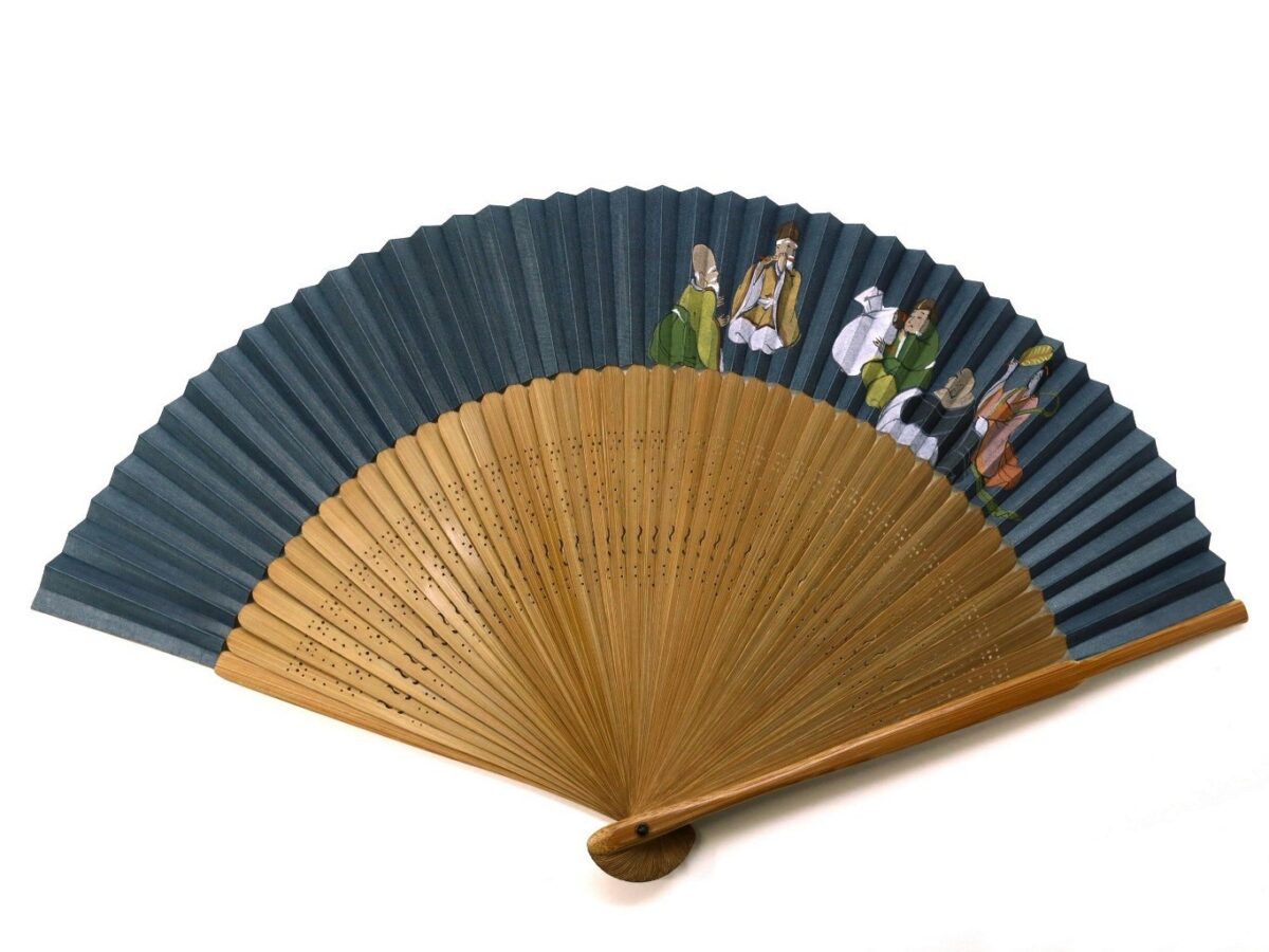紳士用両面手描き七福神扇子｜高級絹張り招福短地扇子、海外ギフト