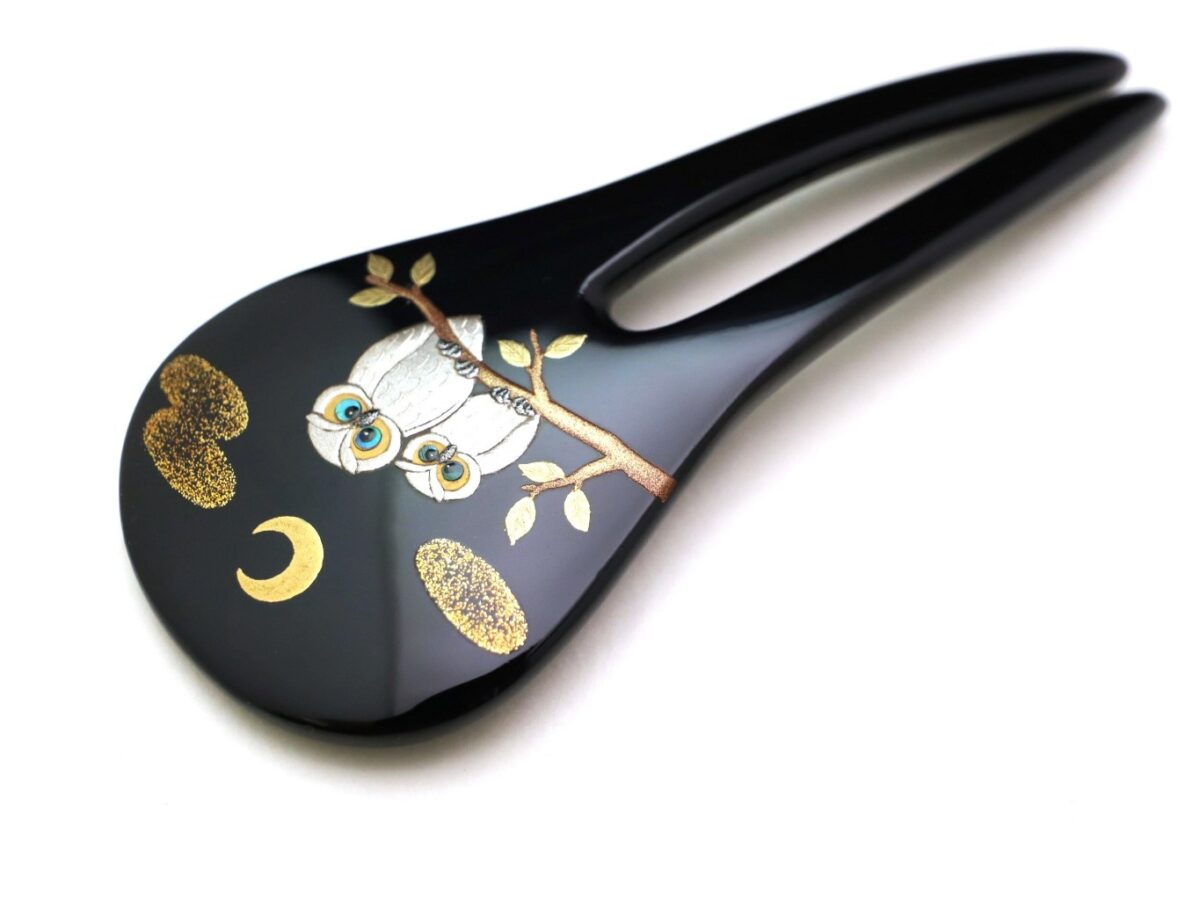 月夜に寄り添う夫婦ふくろう｜木製漆梟金蒔絵かんざし2026